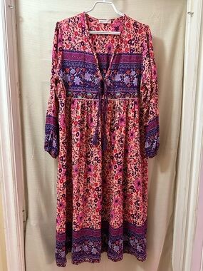R.Vivimos BOGO Boho Floral Maxi Dress Long Sleeve Tassel Tie Size L 12/14 ⚫️